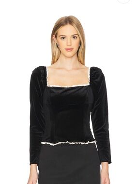 ASTR Black Velvet Top with White Ruffle Trim